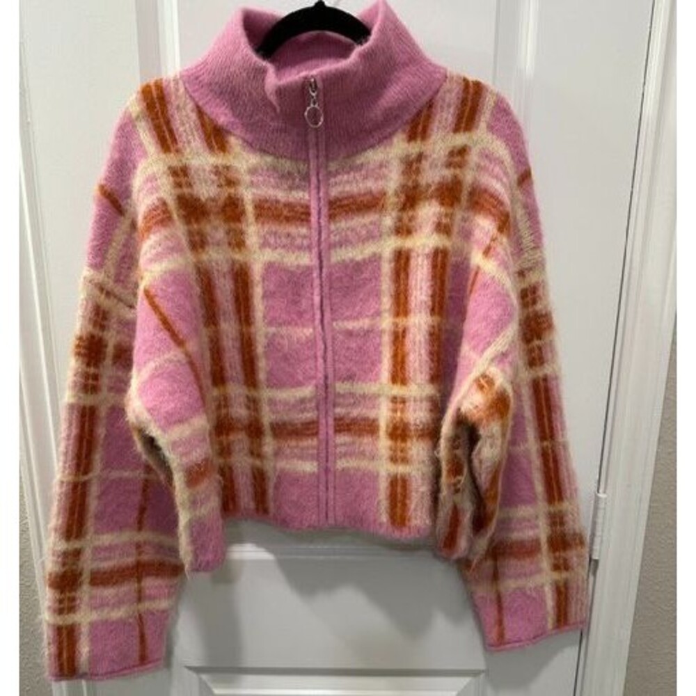 NWT Wild Fable Fuzzy Plaid Zip Mock Neck Sweater XL Pink Orange Target $40 Soft